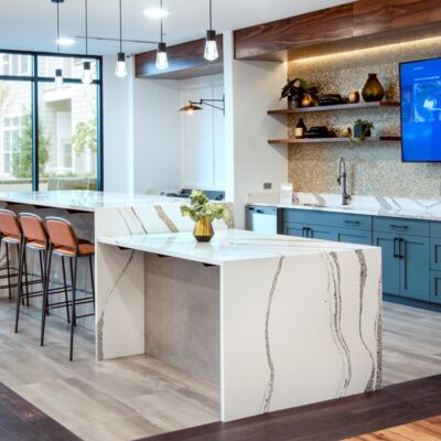 A common area at an apartment complex remodeled by custom commercial millworkers from Seven Trees Woodworking