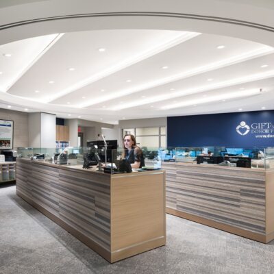 Gift Of Life Donor Program's lobby, remodeled by millworkers from Seven Trees Woodworking