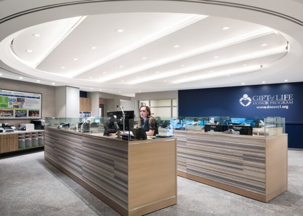 Gift Of Life Donor Program's lobby, remodeled by millworkers from Seven Trees Woodworking