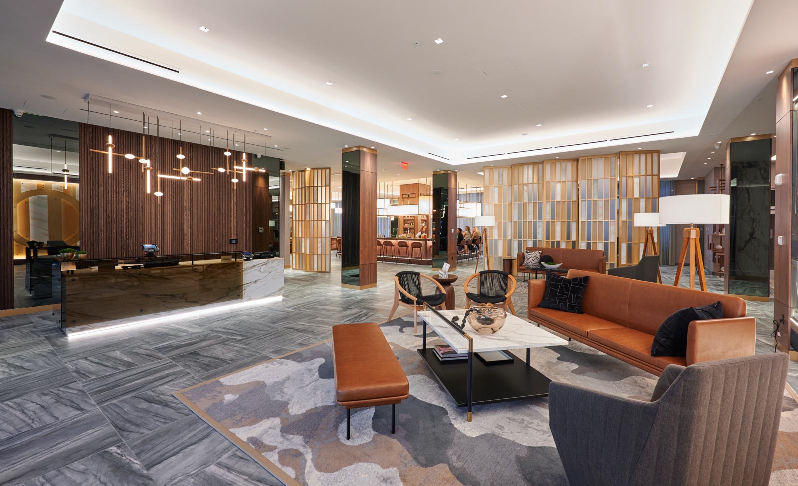 A hotel lobby area remodeled by architectural millworkers from Seven Trees Woodworking